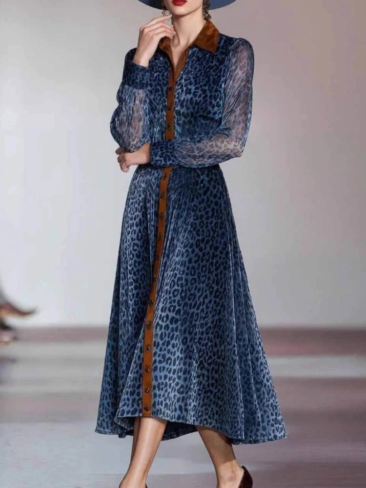 Elegant Woman Dresses Retro Turndown Collar Leopard